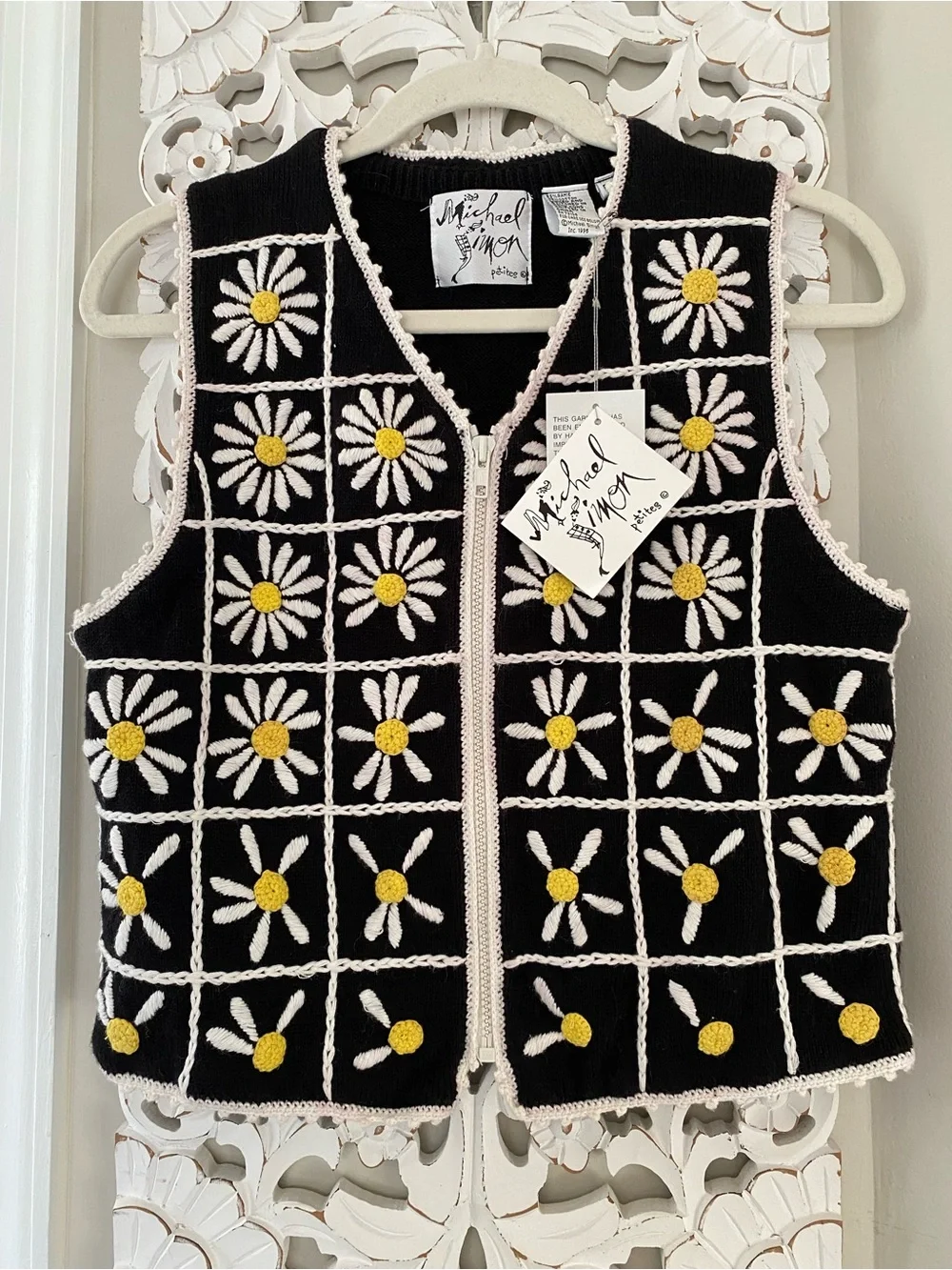 Rare VTG 1996 Michael Simon Petites Daisy Zip Front Sweater Vest Art to Wear NWT